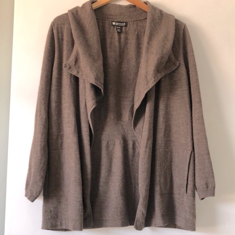 VALERIE BERTINELLI 100% MURANO WOOL HEATHERED BROWN OPEN FRONT CARDIGAN